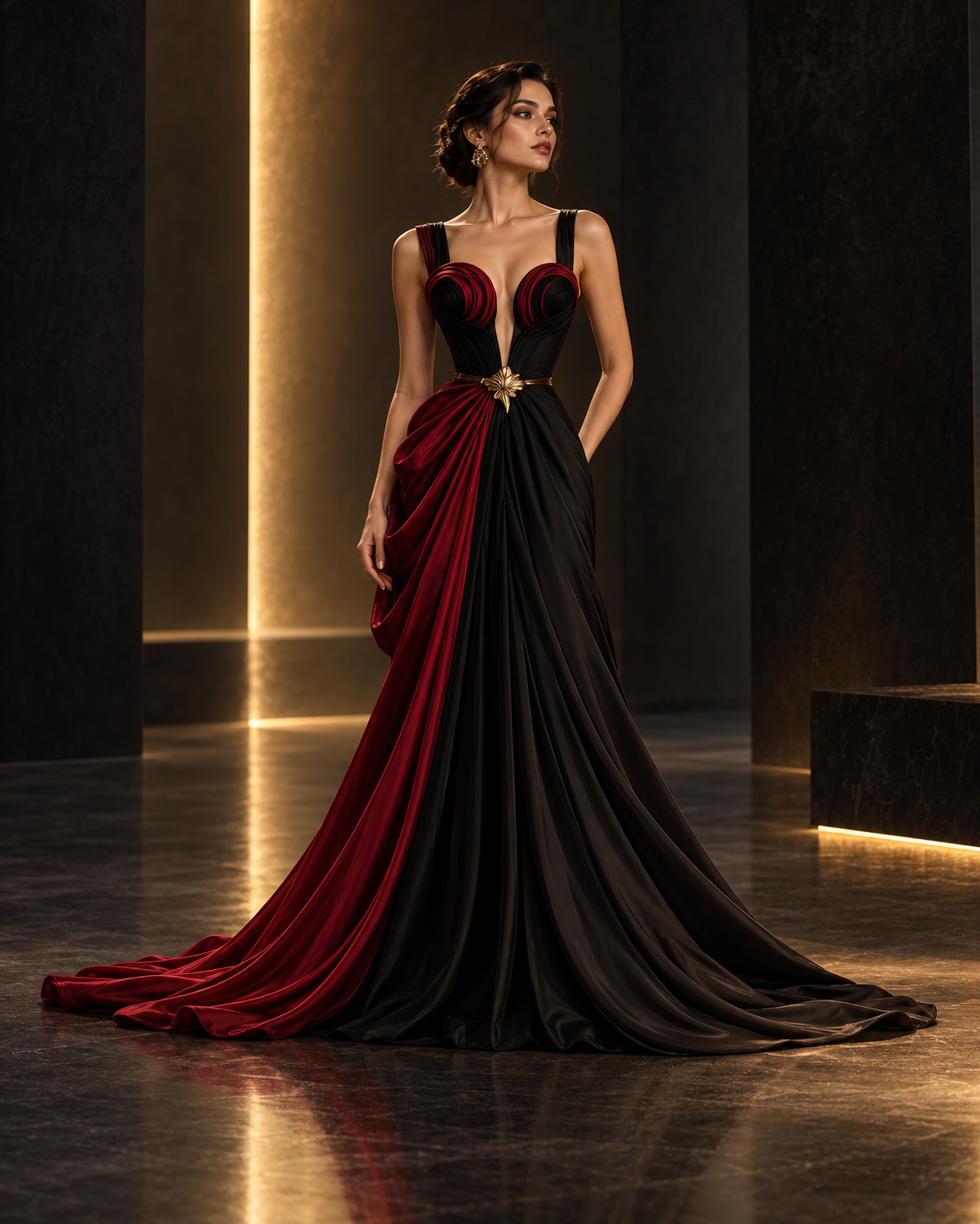 Vestido Nocturne de silueta larga en negro y rojo